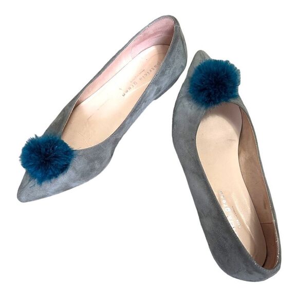 Patricia Green Maribou Feather Pouf Flat 9 Suede Gray Point Toe originally $210 - Picture 8 of 9